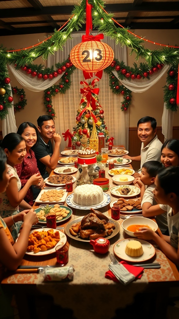 A traditional Filipino Christmas feast with lechon, bibingka, and puto bumbong on a decorated table.